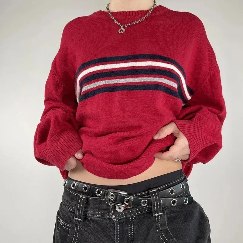 Toleet-Y2K Harajuku Striped Knitted Sweater Korean Grunge Long Sleeve Round Neck Pullover Preppy Vintage Loose Fit Knitwear Tops