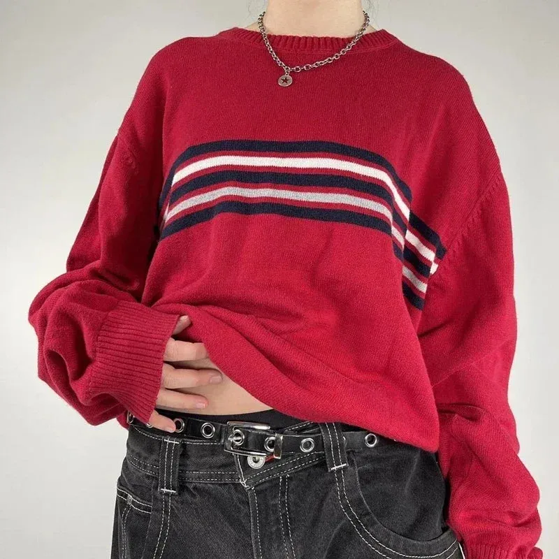 Toleet-Y2K Harajuku Striped Knitted Sweater Korean Grunge Long Sleeve Round Neck Pullover Preppy Vintage Loose Fit Knitwear Tops