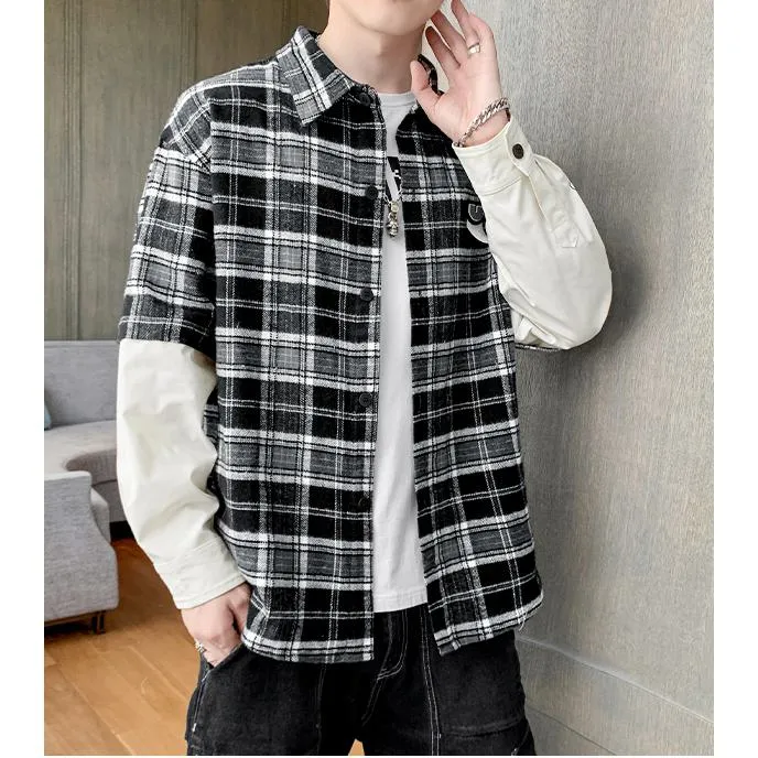 Trendy Workwear Style Patchwork Faux Two-Piece Long Sleeve Shirt