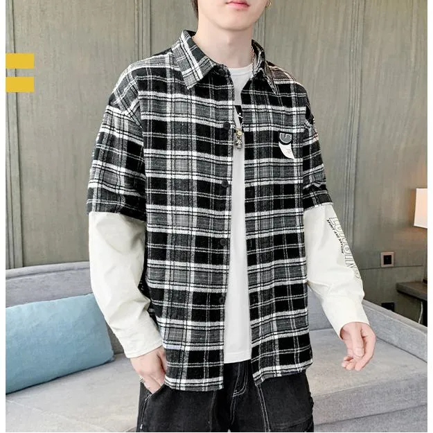 Trendy Workwear Style Patchwork Faux Two-Piece Long Sleeve Shirt