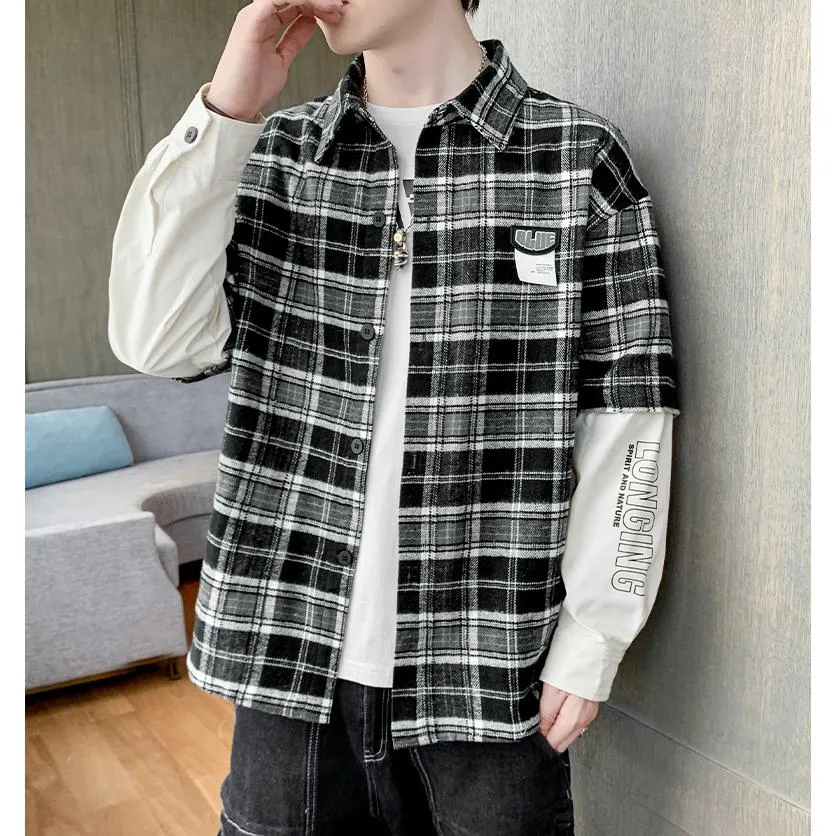 Trendy Workwear Style Patchwork Faux Two-Piece Long Sleeve Shirt