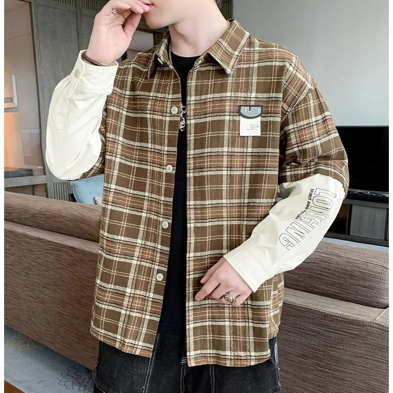 Trendy Workwear Style Patchwork Faux Two-Piece Long Sleeve Shirt