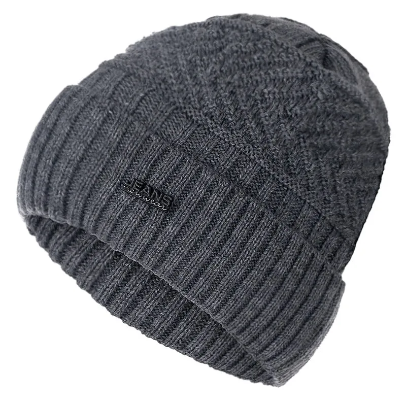 Unisex Fur Lined Outdoor Knitted Woolen Warm Winter Cap