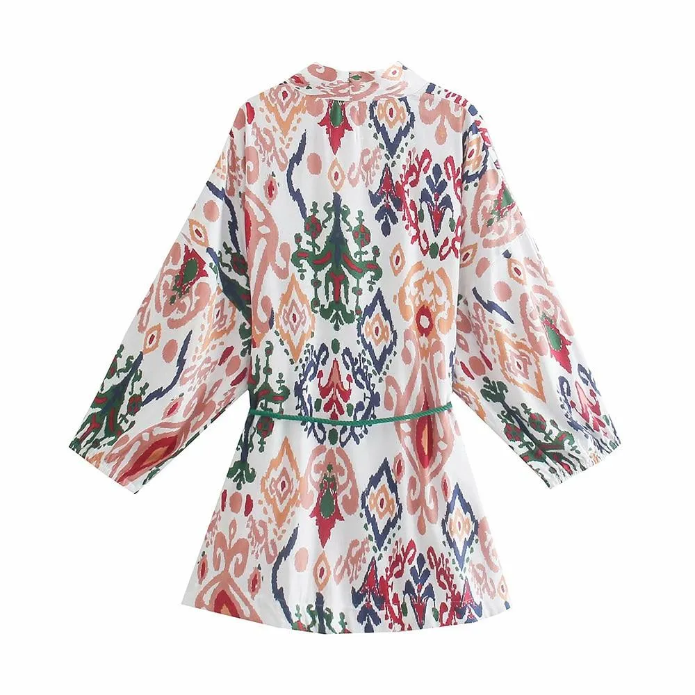 Vintage Printed Kimono Style Cardigan Blouses   High Waist Short Pants