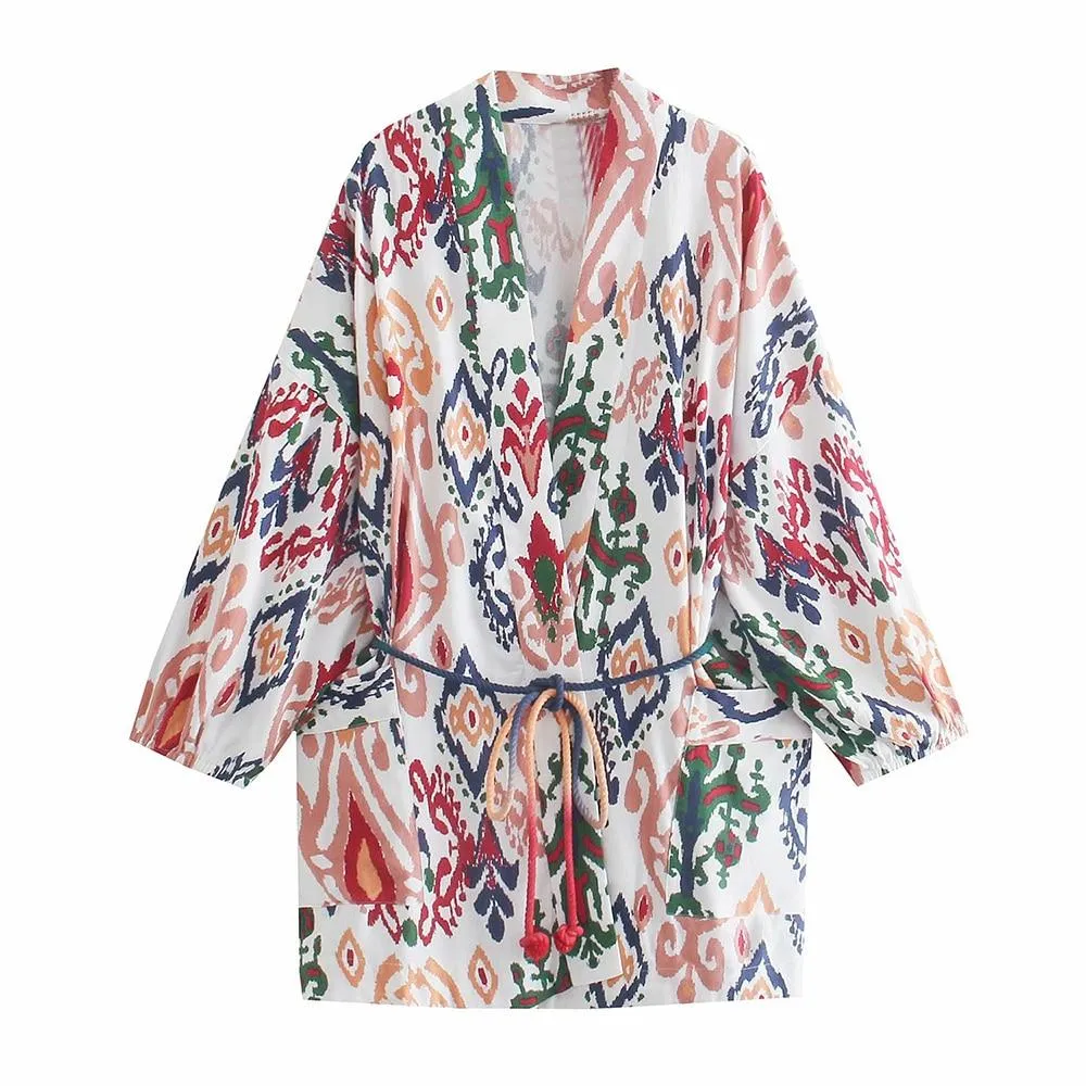 Vintage Printed Kimono Style Cardigan Blouses   High Waist Short Pants