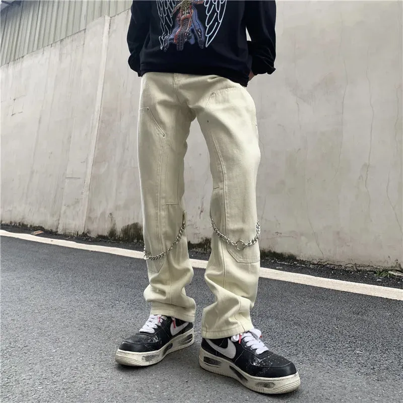 Wiaofellas  -  American High Street Jeans Loose Pull Jeans Fashion Straight Leg Pants Casual Pants Men Jeans  Low Rise Jeans