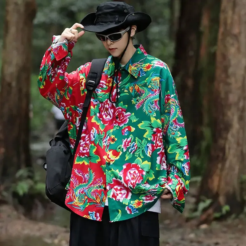 Wiaofellas  -  Autumn Large Flower Patchwork Personalized Long-sleeved Shirts Couples Casual Loose High Street Shirt Men Tops Male Clothes