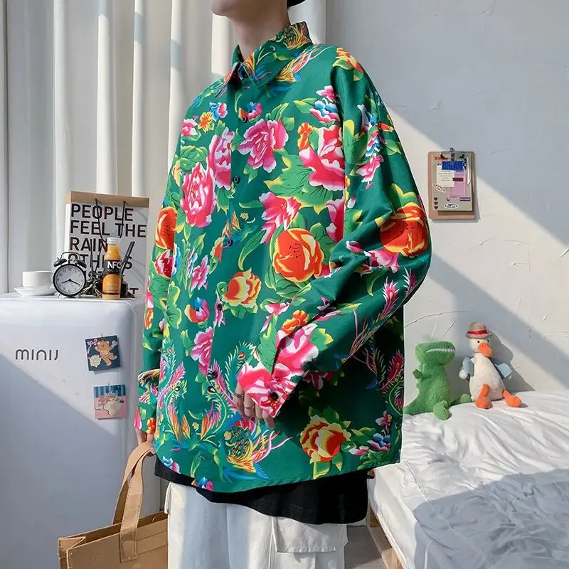 Wiaofellas  -  Autumn Large Flower Patchwork Personalized Long-sleeved Shirts Couples Casual Loose High Street Shirt Men Tops Male Clothes