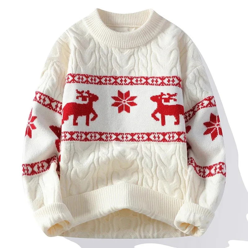 Wiaofellas  -  New Arrival Crew-neck Christmas Sweater Men's Fashion Snowflake Twist Knitwear Party Theme Long Sleeve Knitted Jumpers Men