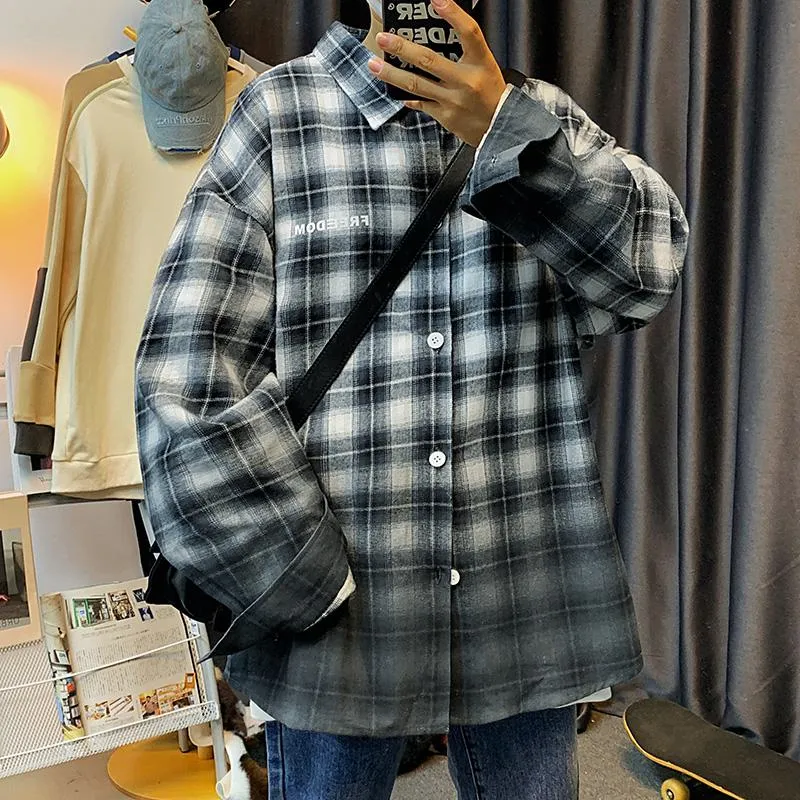 Workwear Plaid Draping Casual Trendy Gradient Long Sleeve Shirt