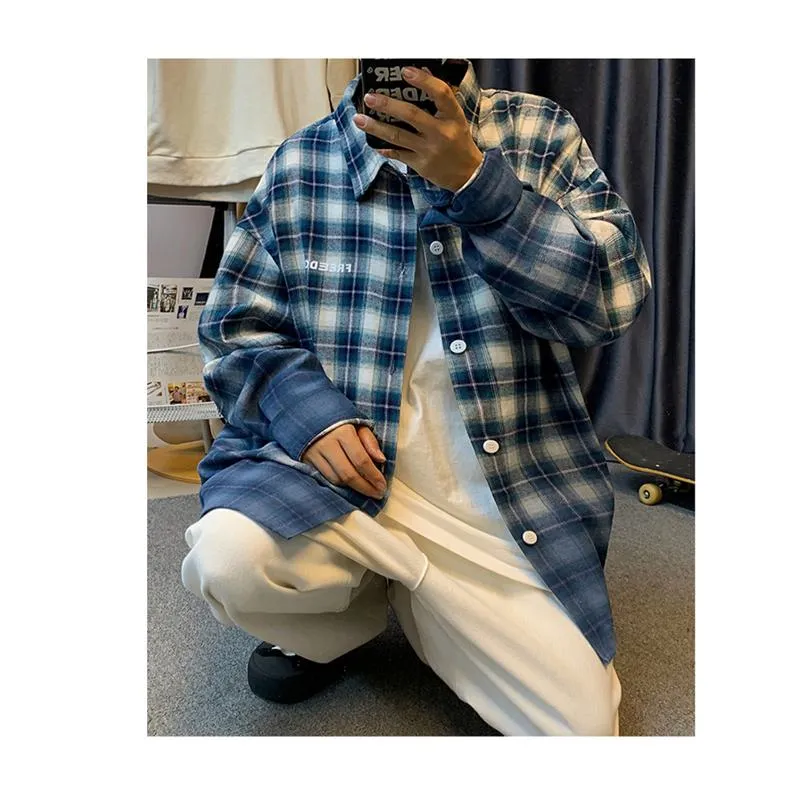 Workwear Plaid Draping Casual Trendy Gradient Long Sleeve Shirt