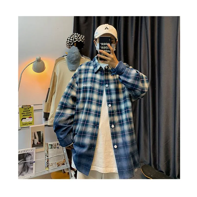 Workwear Plaid Draping Casual Trendy Gradient Long Sleeve Shirt