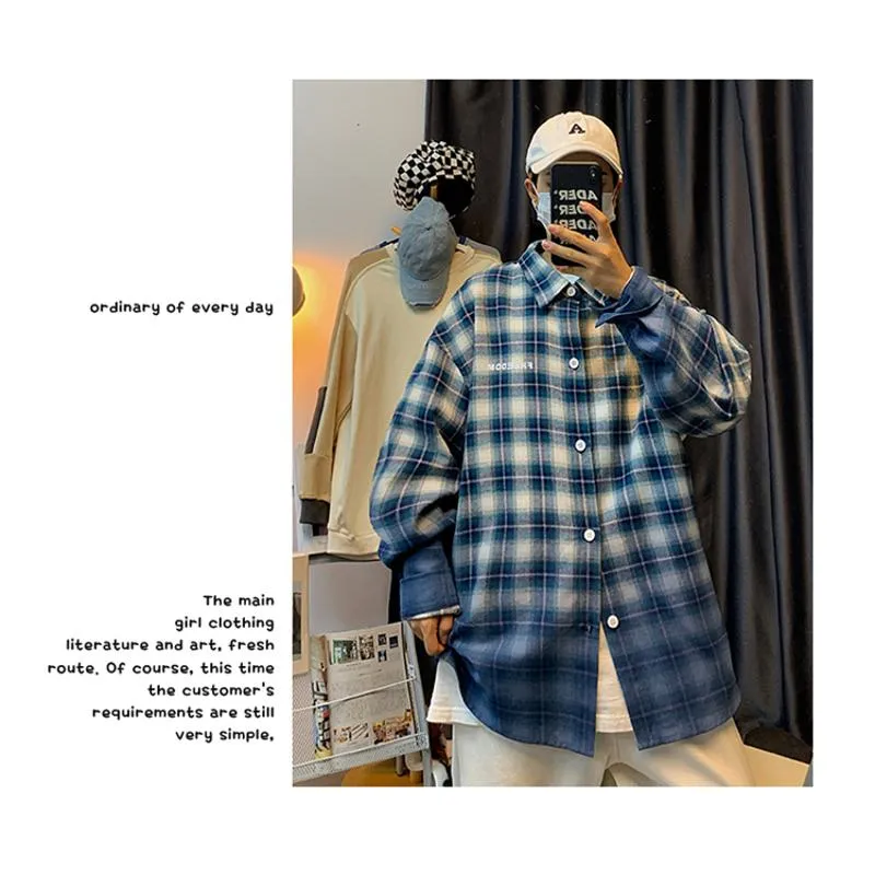 Workwear Plaid Draping Casual Trendy Gradient Long Sleeve Shirt